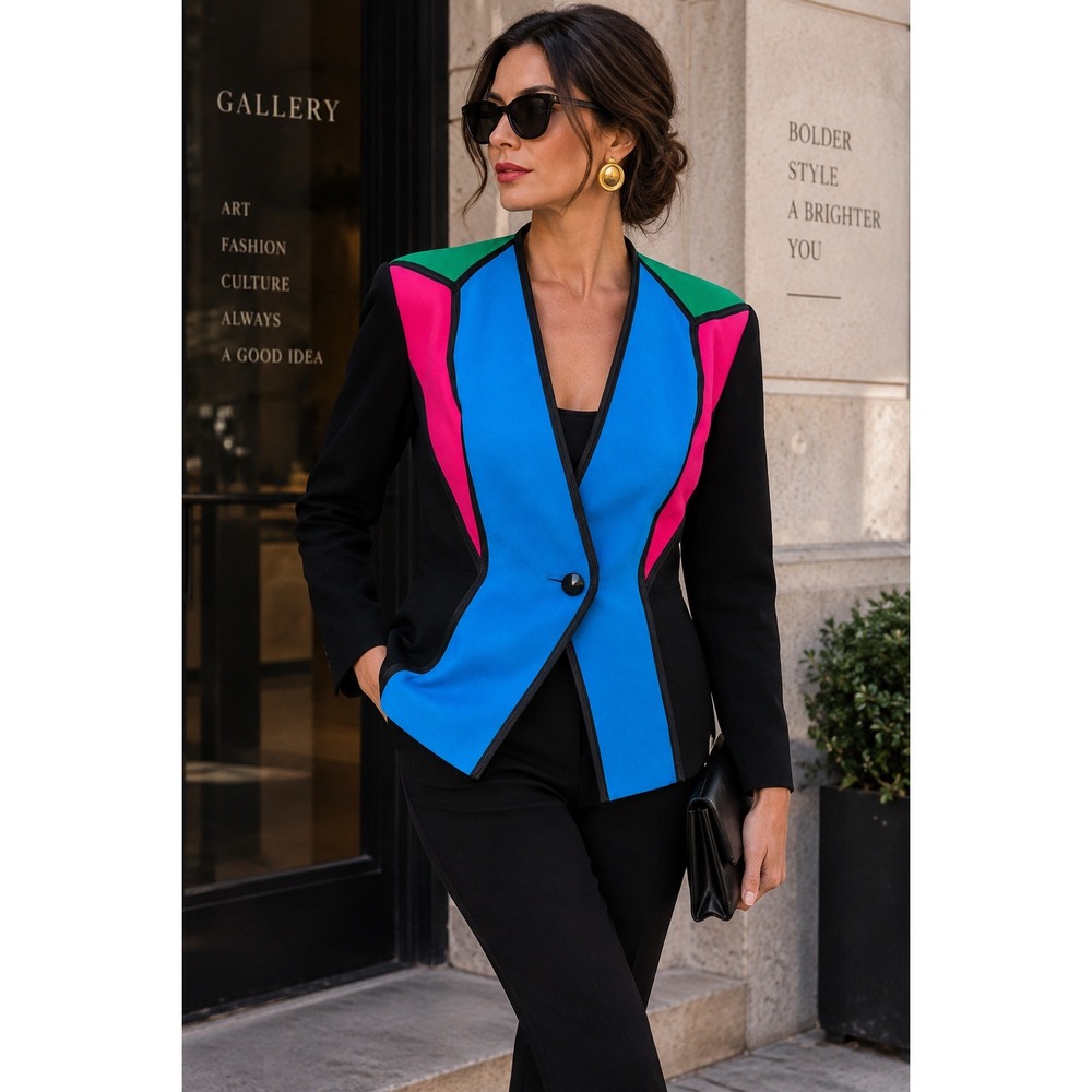Vintage Lilli Ann Colorblock Blazer Jacket Black Pink Blue Green 80s Style